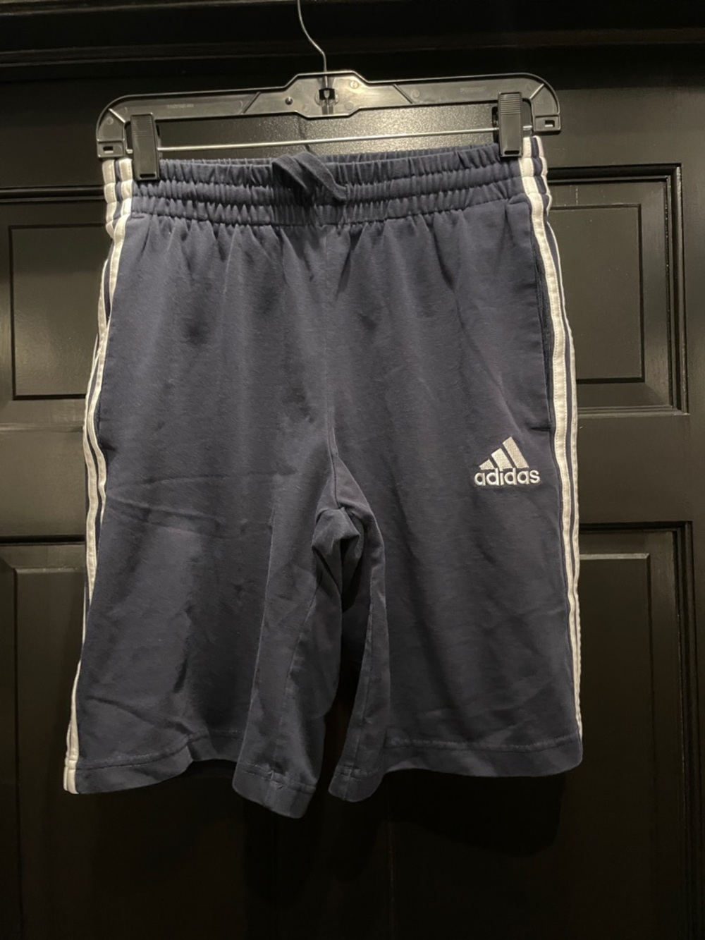 Adidas Navy Blue Athletic Shorts with White Stripes